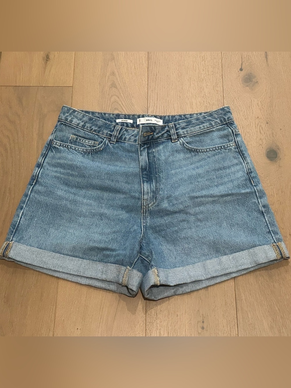Mango Mid-Blue Mom High Rise Cuffed Denim Shorts